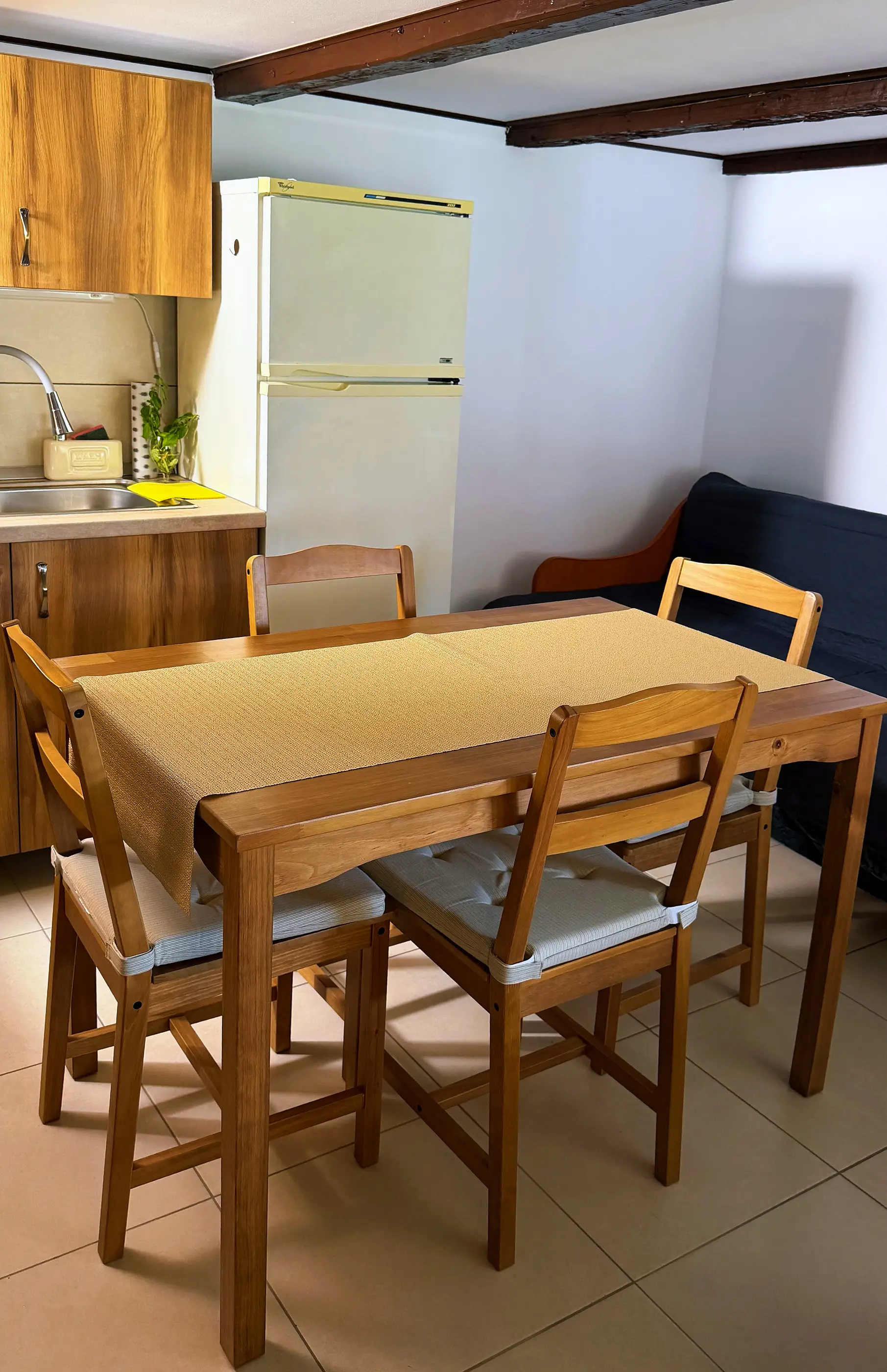 The kitchen table, the fridge and the sofa