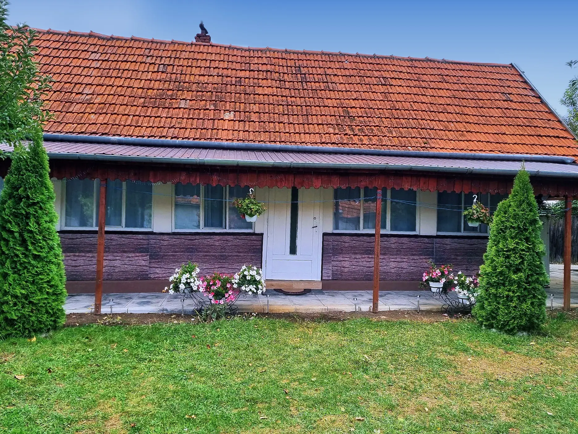 Casa Steluța in Ocna Mureș: a tiled-roof house with flowers at the door and a lawn