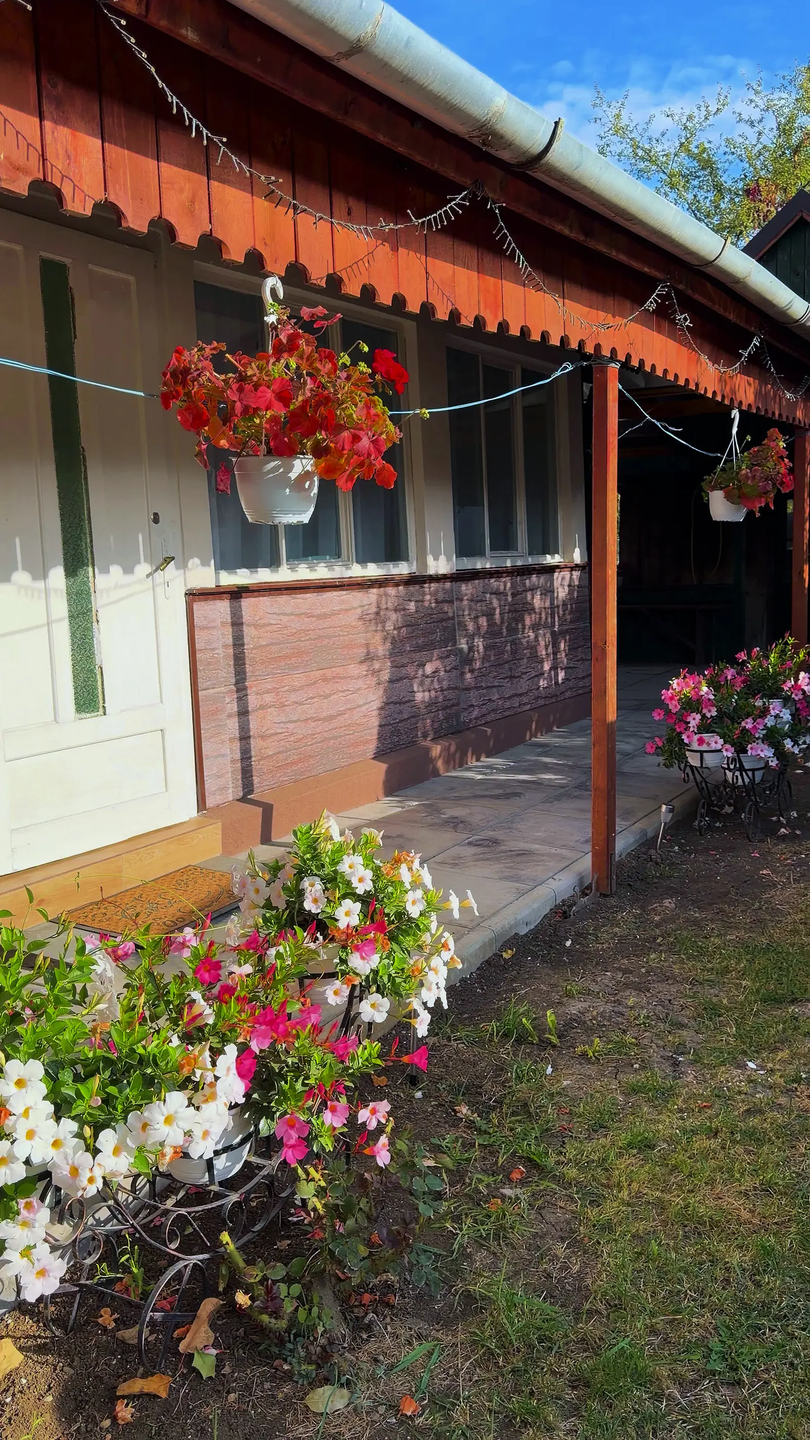 Hanging flower pots at the windows of the house