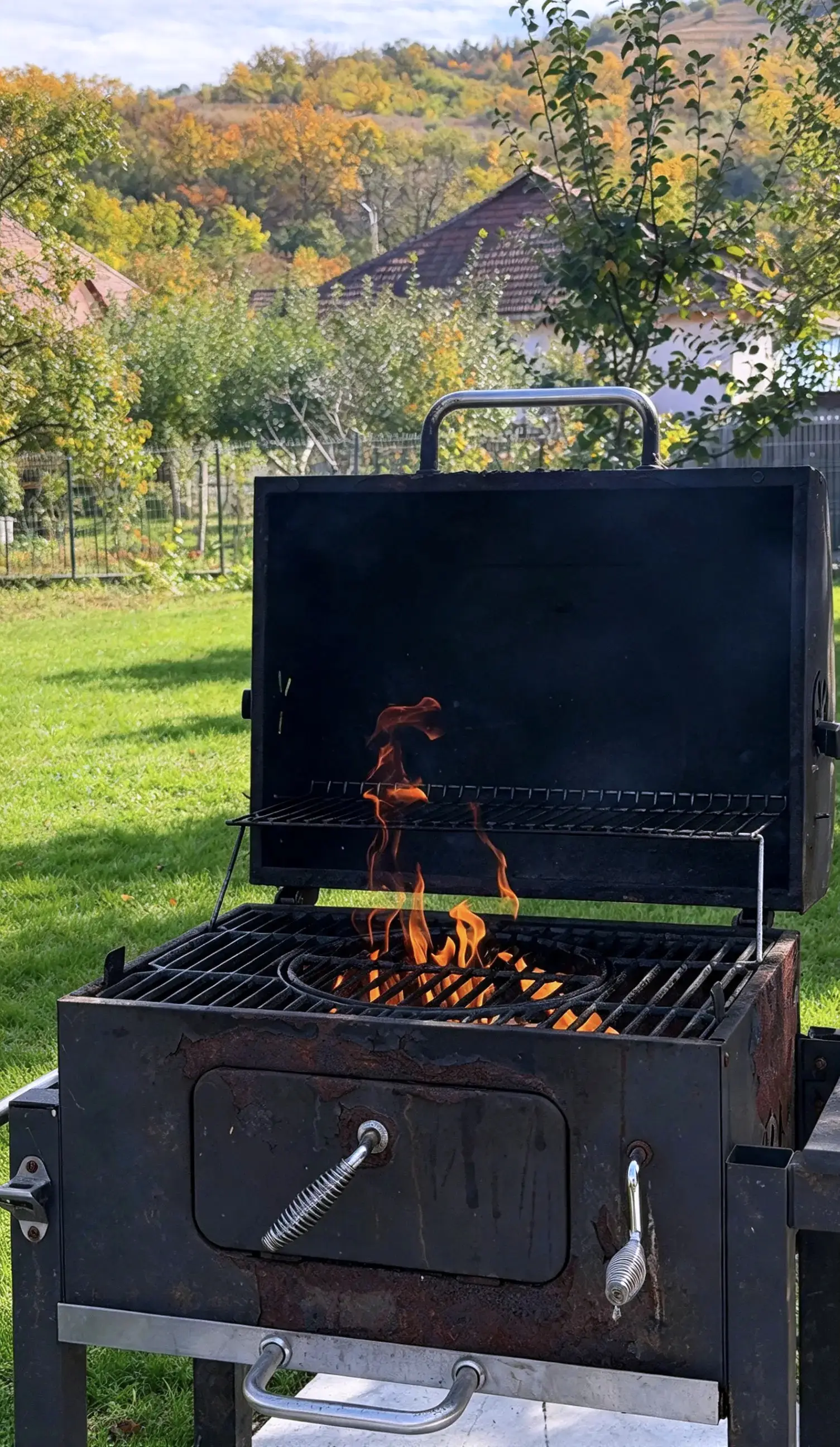 The barbecue lit in the garden, with the hills around Ocna Mureș behind